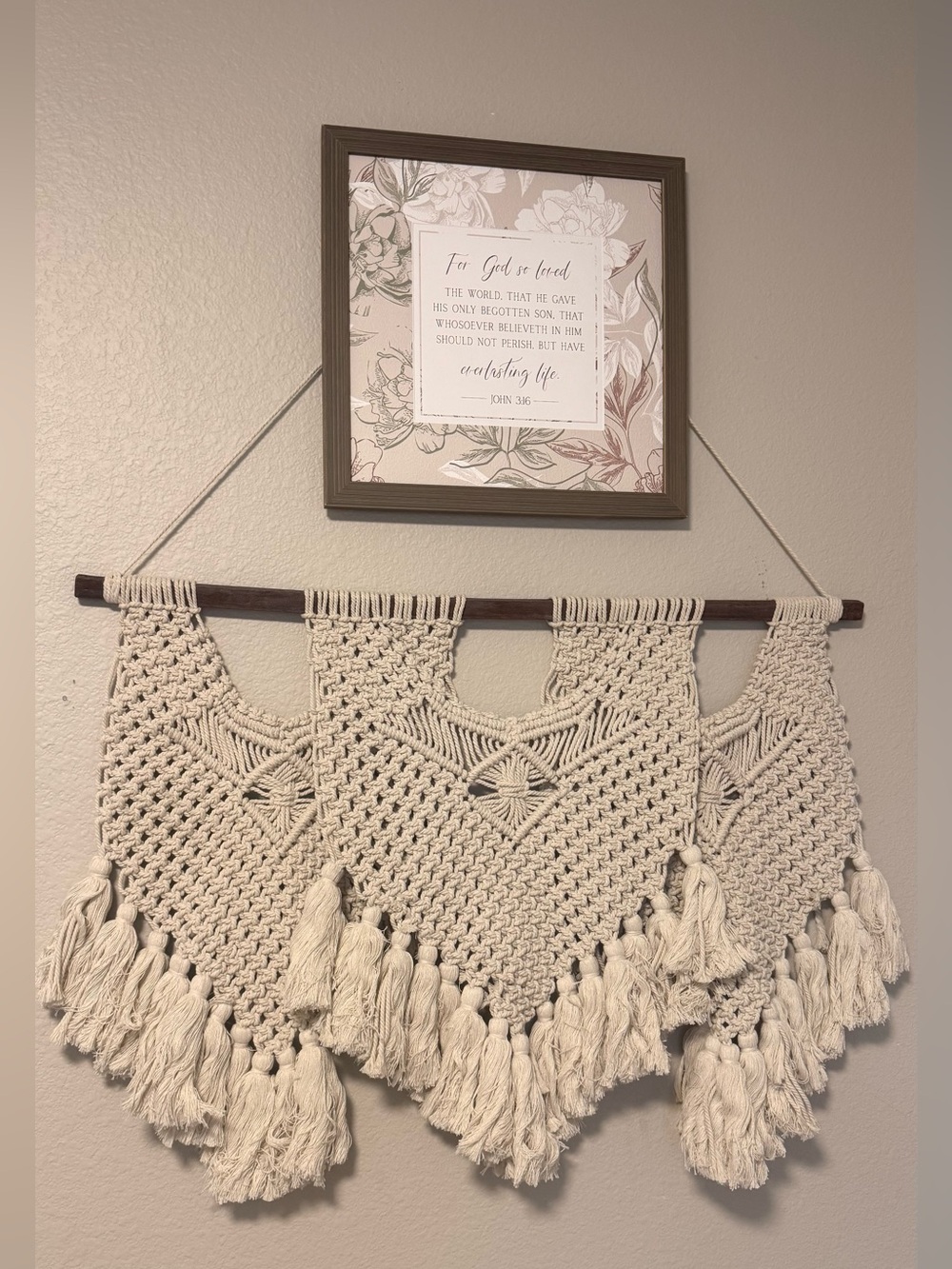 Boho Cream Macramé Tapestry - Decorative Home Bundle with Wall Framed Scripture